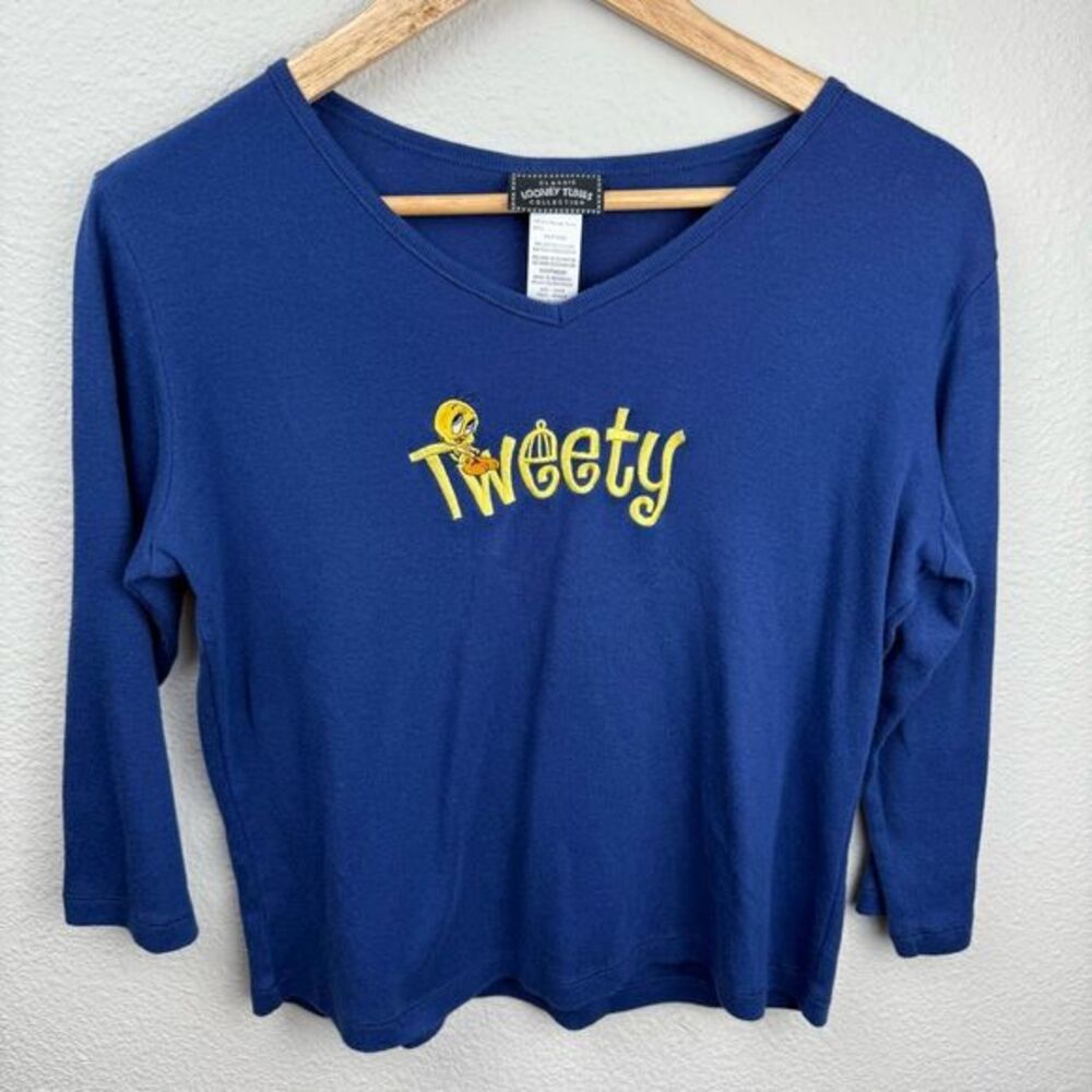 Y2K Tweety Shirt Women's L Blue Looney Tunes Classic Embroidered Grunge‎ Cartoon